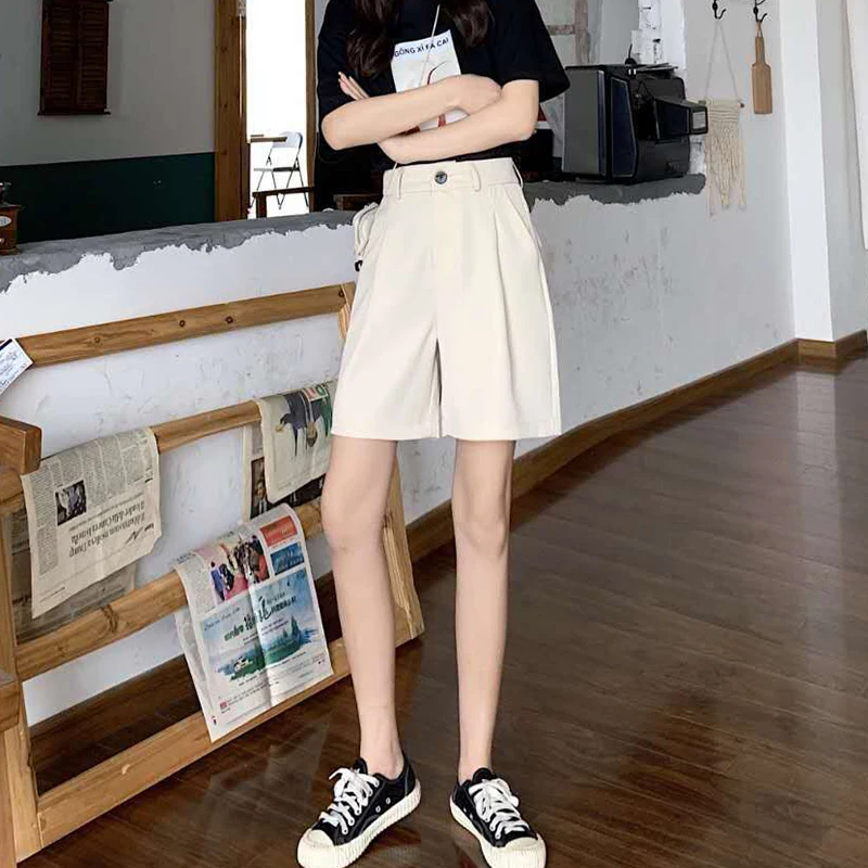 Summer High Waist Wide Leg Suit Shorts for Women 2025 Solid Color Loose Straight Office Ladies Short Pants Korean Pocket Shorts