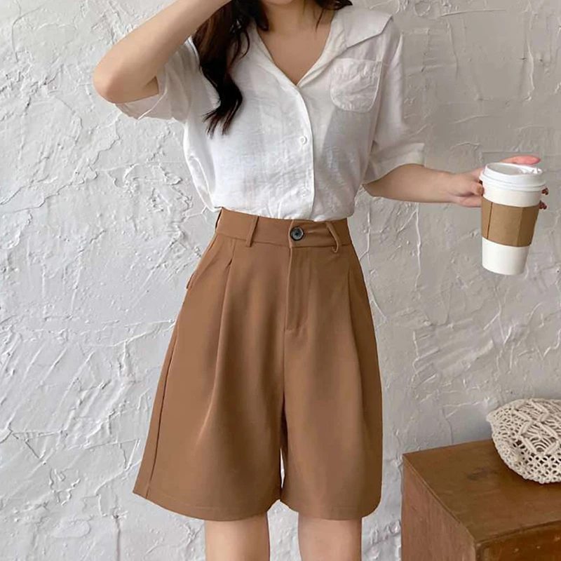 Summer High Waist Wide Leg Suit Shorts for Women 2025 Solid Color Loose Straight Office Ladies Short Pants Korean Pocket Shorts