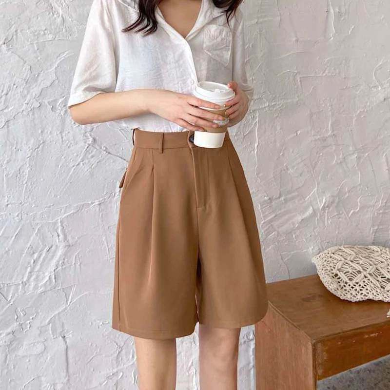 Summer High Waist Wide Leg Suit Shorts for Women 2025 Solid Color Loose Straight Office Ladies Short Pants Korean Pocket Shorts