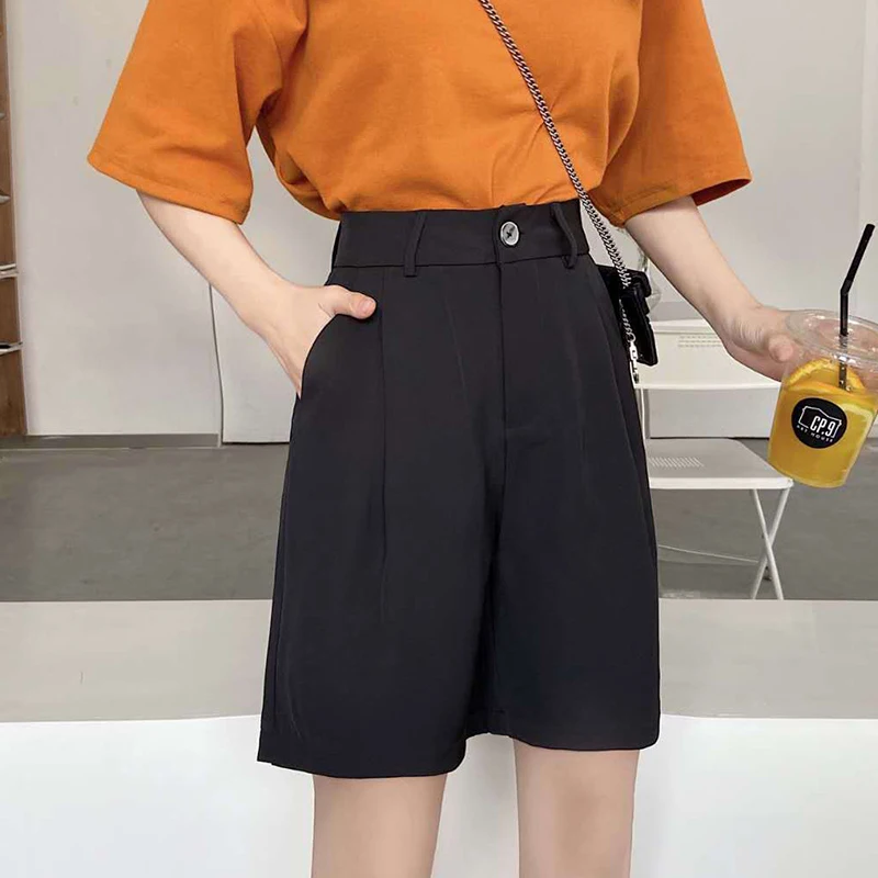 Summer High Waist Wide Leg Suit Shorts for Women 2025 Solid Color Loose Straight Office Ladies Short Pants Korean Pocket Shorts