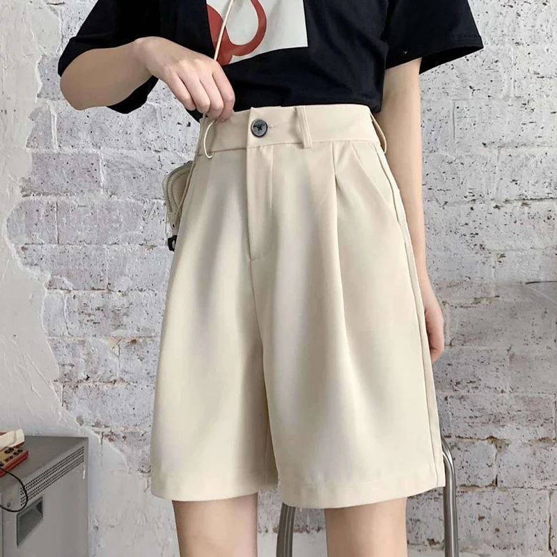 Summer High Waist Wide Leg Suit Shorts for Women 2025 Solid Color Loose Straight Office Ladies Short Pants Korean Pocket Shorts
