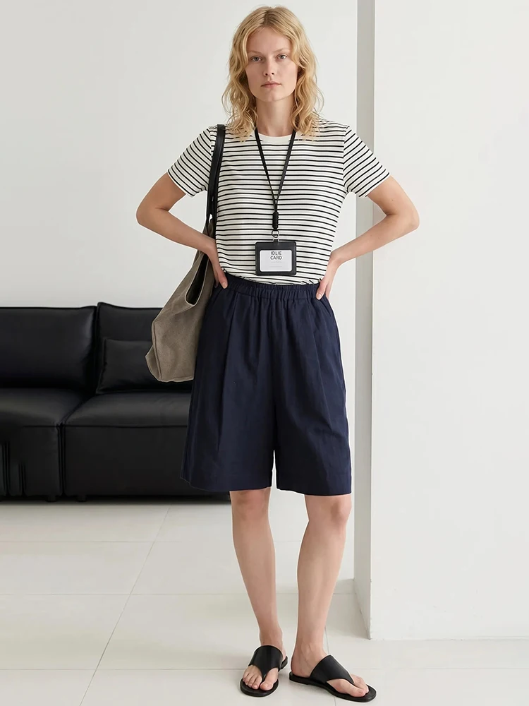 Streamgirl Women's Summer Shorts Cotton High Waist A Line Loose Navy Blue Short Pants Lady White Bermuda Shorts For Women Baggy