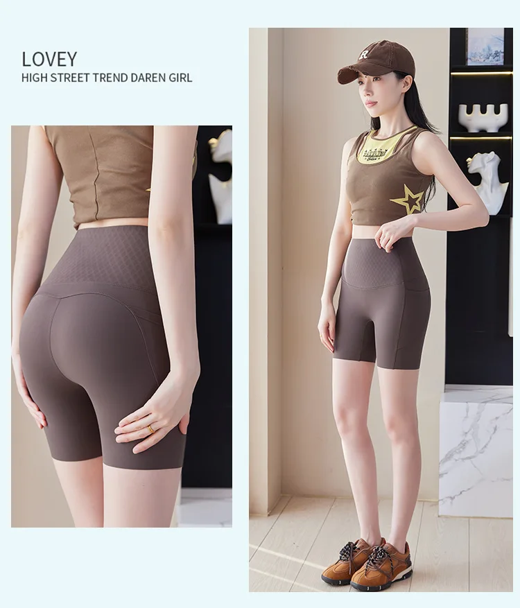 Summer New Side Pocket Sharkskin Biker Shorts Women High Waist Safety Shorts Tight Sport Running Fitness Yoga Bicycle Shorts