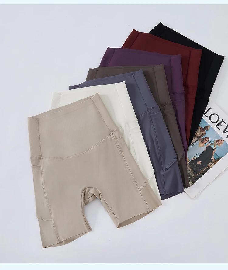 Summer New Side Pocket Sharkskin Biker Shorts Women High Waist Safety Shorts Tight Sport Running Fitness Yoga Bicycle Shorts