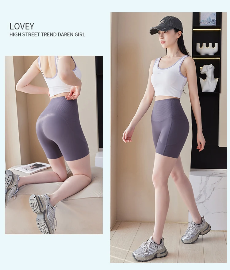 Summer New Side Pocket Sharkskin Biker Shorts Women High Waist Safety Shorts Tight Sport Running Fitness Yoga Bicycle Shorts