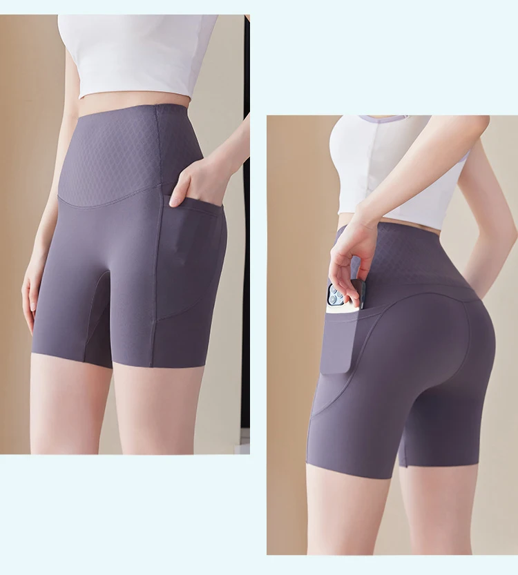 Summer New Side Pocket Sharkskin Biker Shorts Women High Waist Safety Shorts Tight Sport Running Fitness Yoga Bicycle Shorts