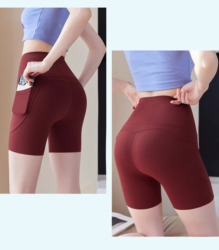 Summer New Side Pocket Sharkskin Biker Shorts Women High Waist Safety Shorts Tight Sport Running Fitness Yoga Bicycle Shorts