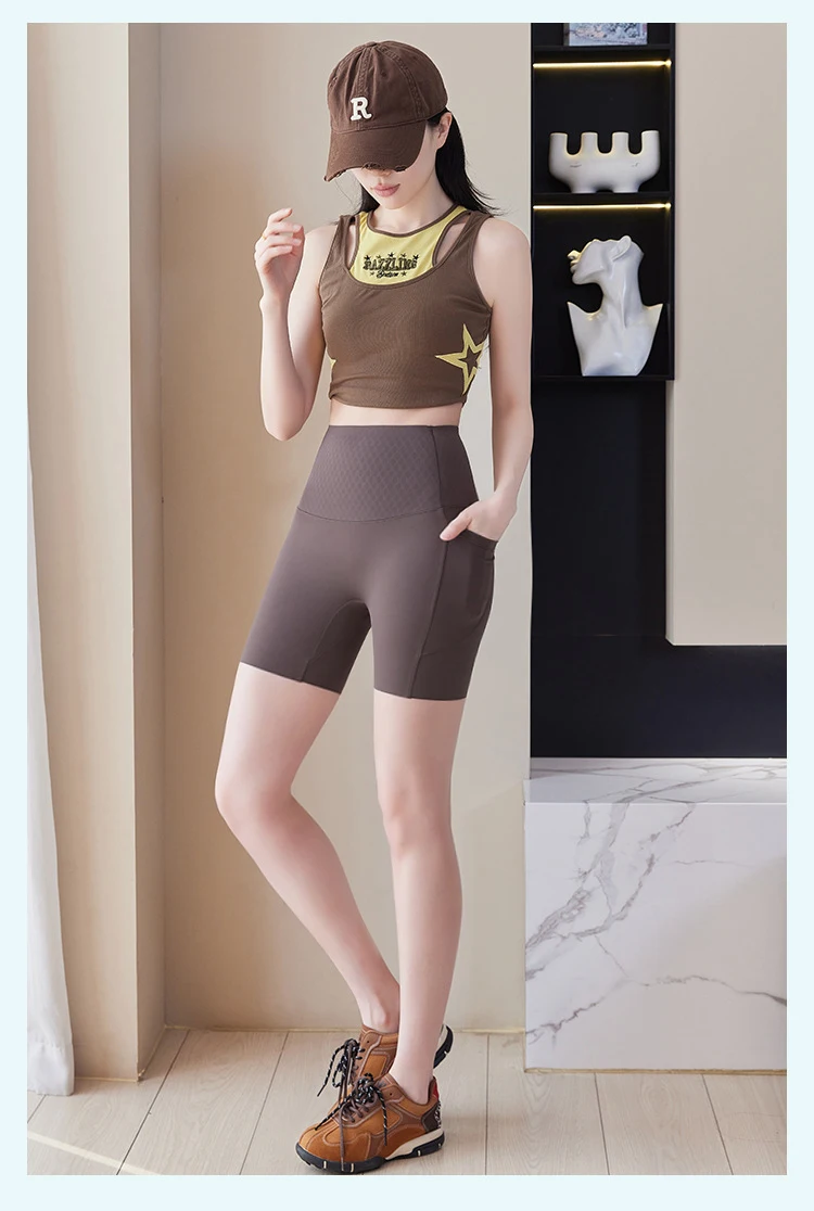 Summer New Side Pocket Sharkskin Biker Shorts Women High Waist Safety Shorts Tight Sport Running Fitness Yoga Bicycle Shorts