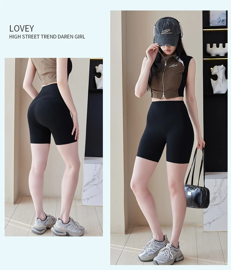 Summer New Side Pocket Sharkskin Biker Shorts Women High Waist Safety Shorts Tight Sport Running Fitness Yoga Bicycle Shorts