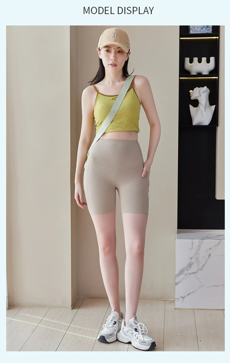 Summer New Side Pocket Sharkskin Biker Shorts Women High Waist Safety Shorts Tight Sport Running Fitness Yoga Bicycle Shorts