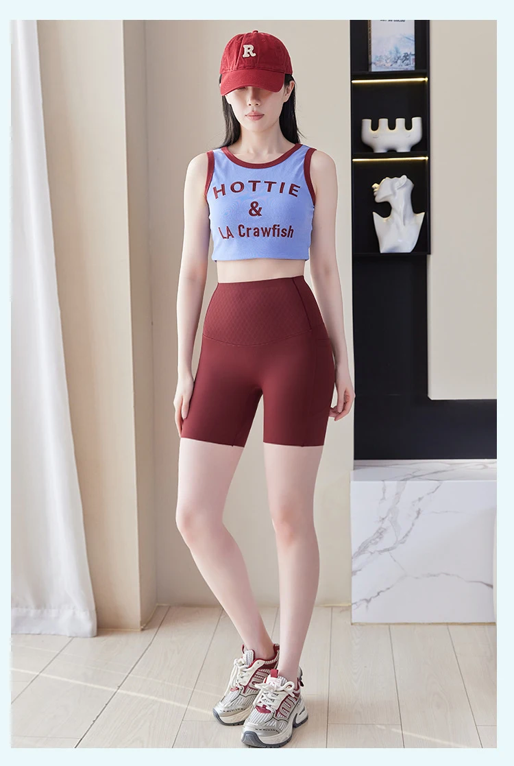 Summer New Side Pocket Sharkskin Biker Shorts Women High Waist Safety Shorts Tight Sport Running Fitness Yoga Bicycle Shorts