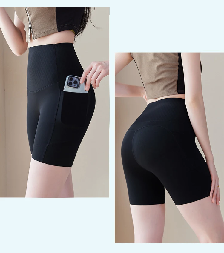 Summer New Side Pocket Sharkskin Biker Shorts Women High Waist Safety Shorts Tight Sport Running Fitness Yoga Bicycle Shorts