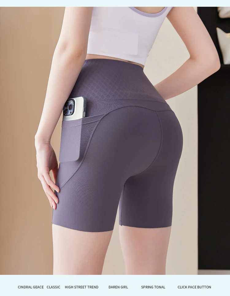 Summer New Side Pocket Sharkskin Biker Shorts Women High Waist Safety Shorts Tight Sport Running Fitness Yoga Bicycle Shorts