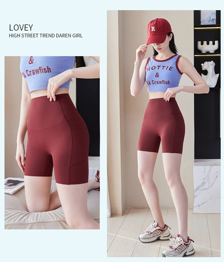 Summer New Side Pocket Sharkskin Biker Shorts Women High Waist Safety Shorts Tight Sport Running Fitness Yoga Bicycle Shorts