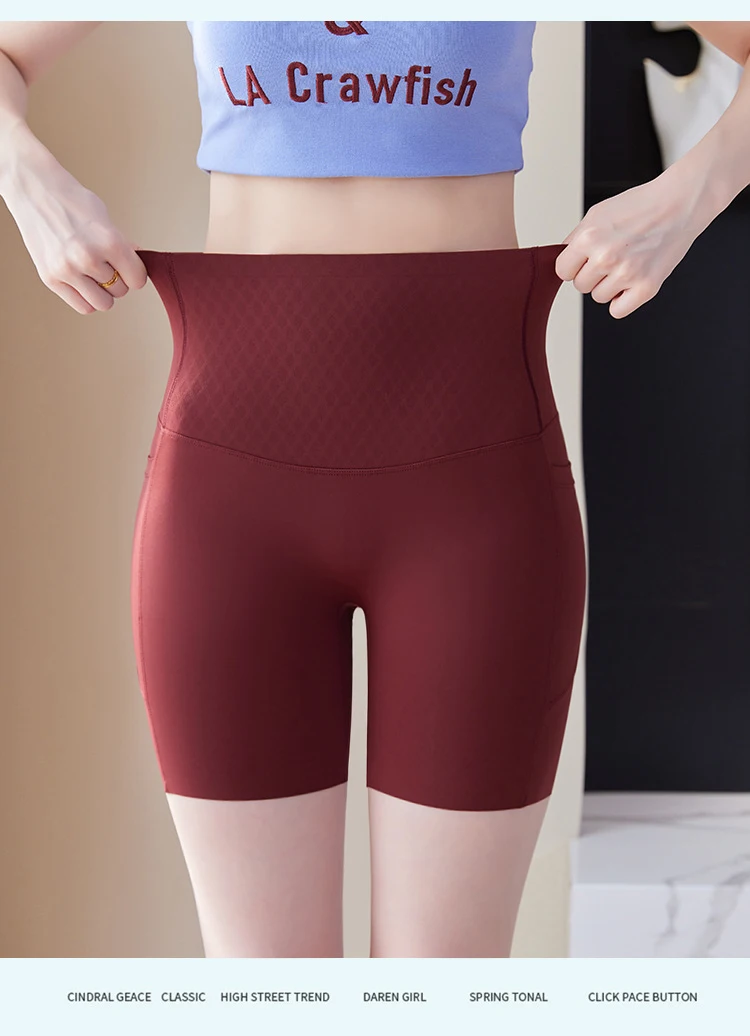 Summer New Side Pocket Sharkskin Biker Shorts Women High Waist Safety Shorts Tight Sport Running Fitness Yoga Bicycle Shorts