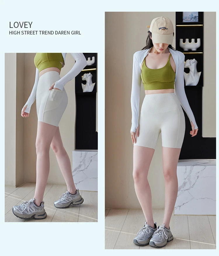 Summer New Side Pocket Sharkskin Biker Shorts Women High Waist Safety Shorts Tight Sport Running Fitness Yoga Bicycle Shorts