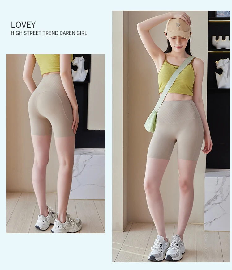 Summer New Side Pocket Sharkskin Biker Shorts Women High Waist Safety Shorts Tight Sport Running Fitness Yoga Bicycle Shorts