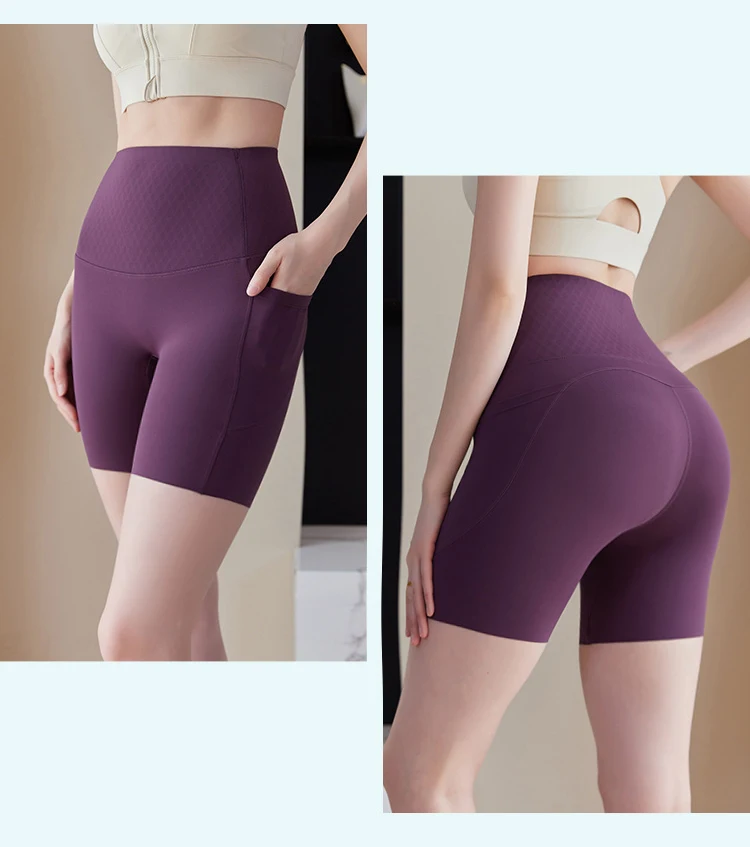 Summer New Side Pocket Sharkskin Biker Shorts Women High Waist Safety Shorts Tight Sport Running Fitness Yoga Bicycle Shorts