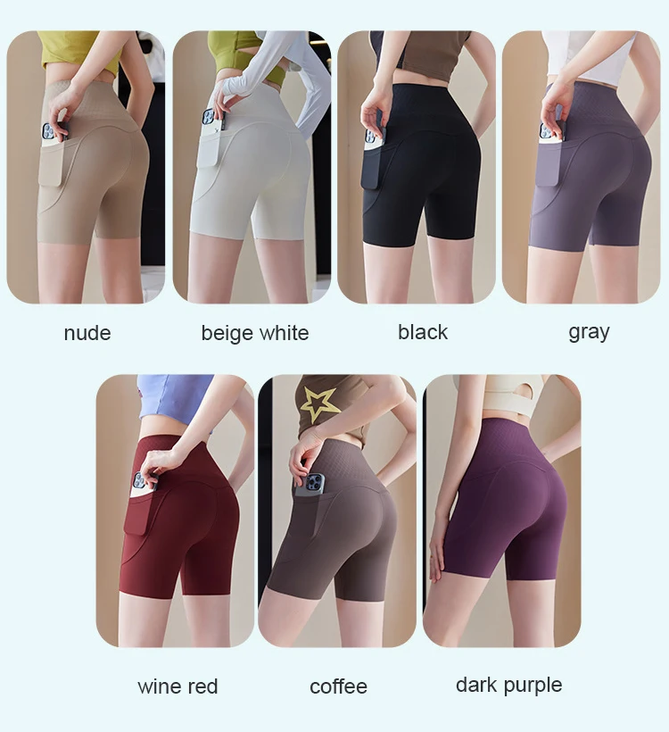 Summer New Side Pocket Sharkskin Biker Shorts Women High Waist Safety Shorts Tight Sport Running Fitness Yoga Bicycle Shorts