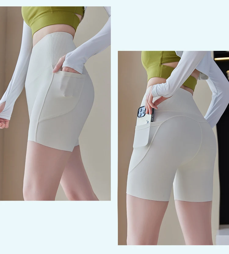 Summer New Side Pocket Sharkskin Biker Shorts Women High Waist Safety Shorts Tight Sport Running Fitness Yoga Bicycle Shorts