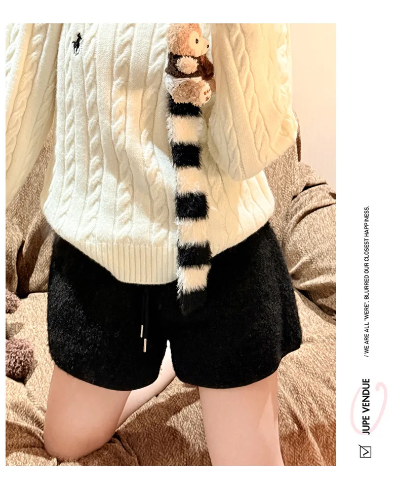 Autumn Winter Faux Lamb Wool Shorts for Women Korean Casual High Waist Wide Leg Shorts Female Warm Comfort Mini Short Pants