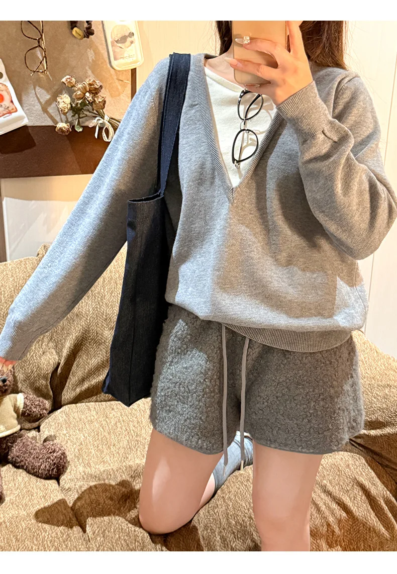 Autumn Winter Faux Lamb Wool Shorts for Women Korean Casual High Waist Wide Leg Shorts Female Warm Comfort Mini Short Pants