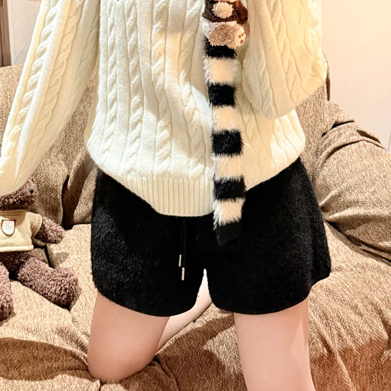 Autumn Winter Faux Lamb Wool Shorts for Women Korean Casual High Waist Wide Leg Shorts Female Warm Comfort Mini Short Pants