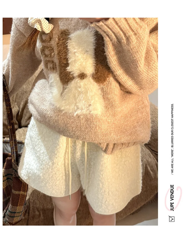 Autumn Winter Faux Lamb Wool Shorts for Women Korean Casual High Waist Wide Leg Shorts Female Warm Comfort Mini Short Pants