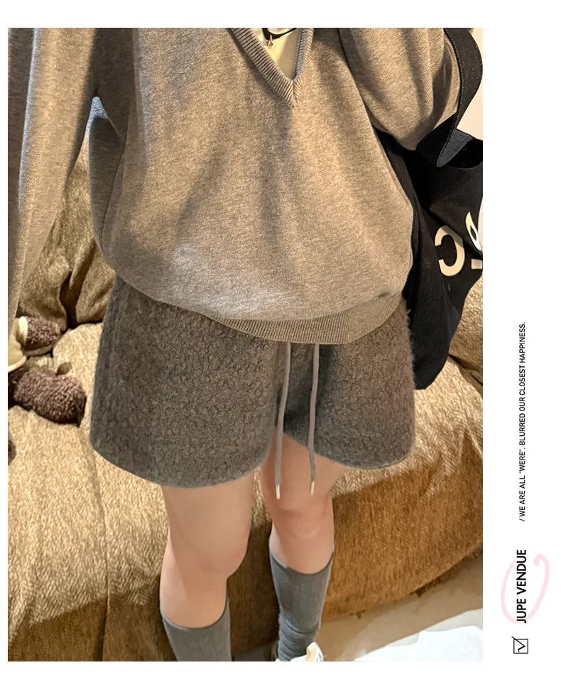 Autumn Winter Faux Lamb Wool Shorts for Women Korean Casual High Waist Wide Leg Shorts Female Warm Comfort Mini Short Pants