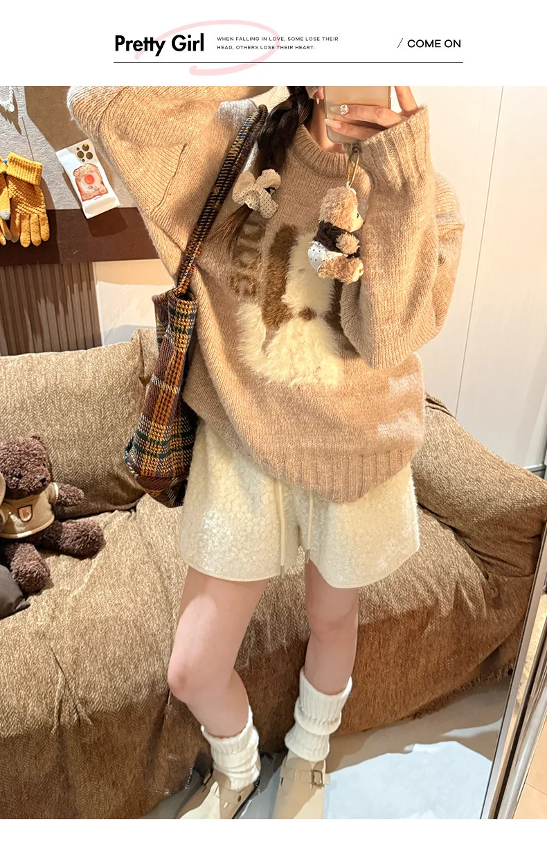 Autumn Winter Faux Lamb Wool Shorts for Women Korean Casual High Waist Wide Leg Shorts Female Warm Comfort Mini Short Pants