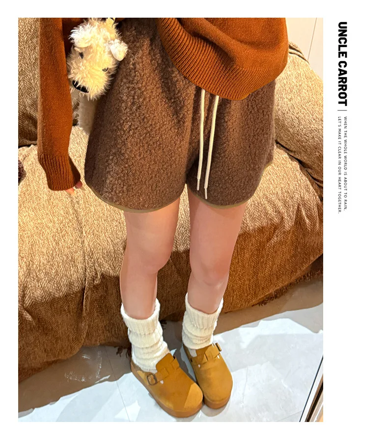 Autumn Winter Faux Lamb Wool Shorts for Women Korean Casual High Waist Wide Leg Shorts Female Warm Comfort Mini Short Pants