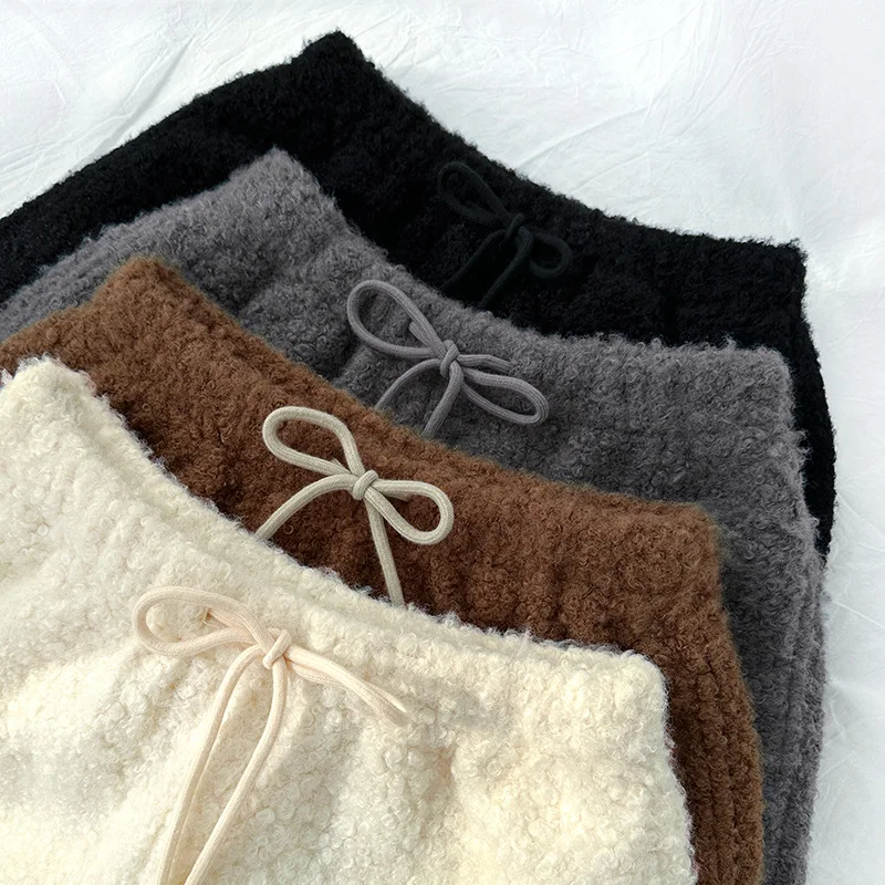 Autumn Winter Faux Lamb Wool Shorts for Women Korean Casual High Waist Wide Leg Shorts Female Warm Comfort Mini Short Pants
