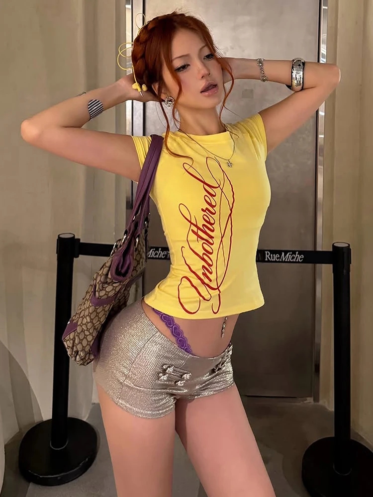 Whatiwear Elastic WaistShort Shiny Women Button Decoration Hottie Sexy Summer Hip-Hop Style Music Festival Fashion Streetwear