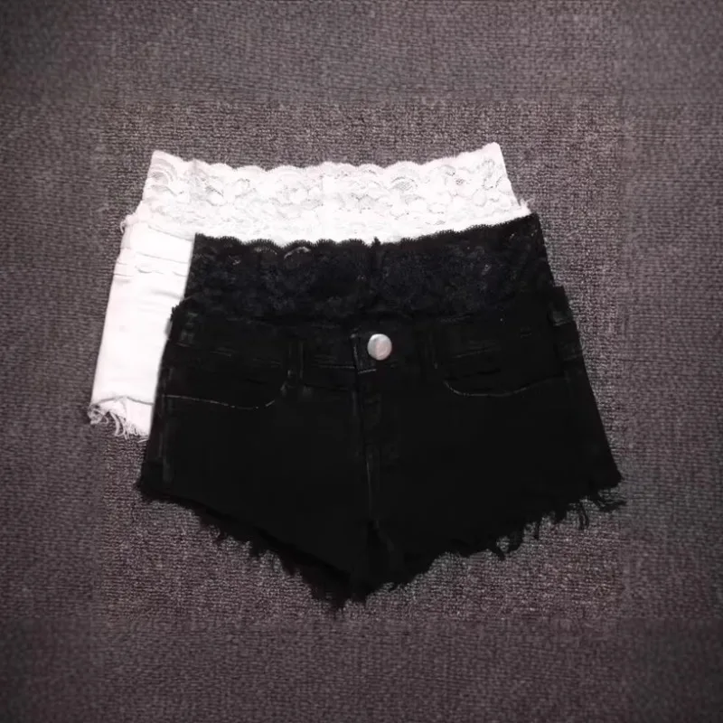 Lace Splicing Elastic Tigh Ultra-shorts Women's Denim Shorts Sexy Low-rise Hot Pants