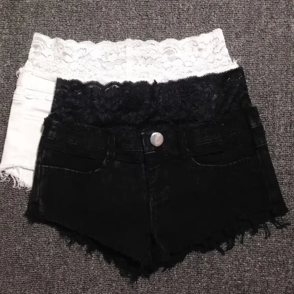 Lace Splicing Elastic Tigh Ultra-shorts Women's Denim Shorts Sexy Low-rise Hot Pants