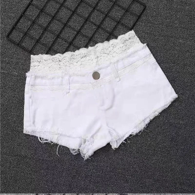 Lace Splicing Elastic Tigh Ultra-shorts Women's Denim Shorts Sexy Low-rise Hot Pants