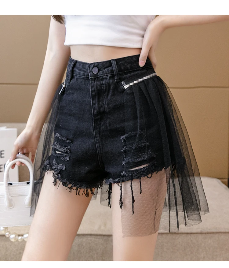 Gauze Spliced Denim Shorts Women Summer New High Waist Tassel Slim Versatile Hot Pants Fashion Niche Female Hole Shorts