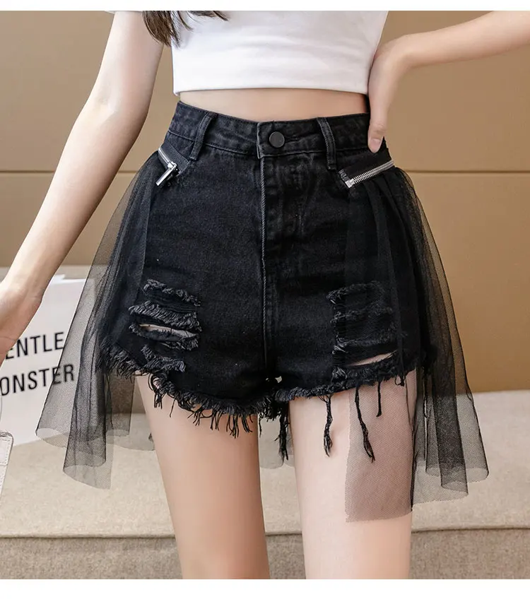 Gauze Spliced Denim Shorts Women Summer New High Waist Tassel Slim Versatile Hot Pants Fashion Niche Female Hole Shorts