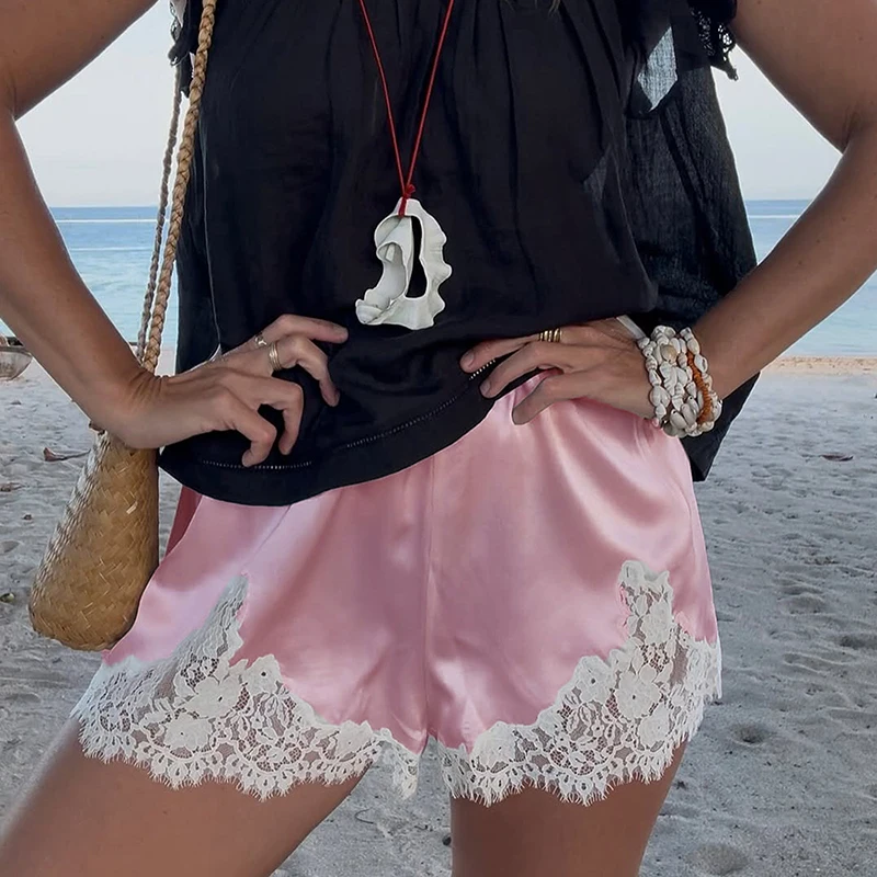Tornova Lace Floral Wide-leg Shorts For Women 2026 Autumn New Fashion High Waist Shorts Satin Splice Female Casual Commuting