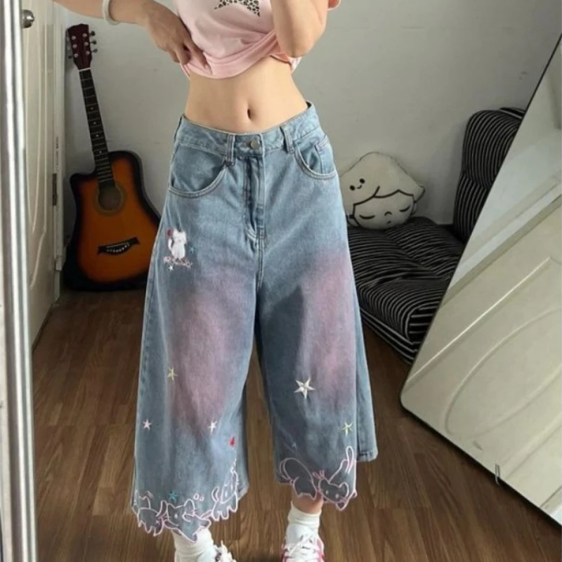 Neploe Embroidery American Vintage Cat Shorts Denim High Street Loose Slim Femme Pantalones Streetwear Personalized Wid Leg Pant