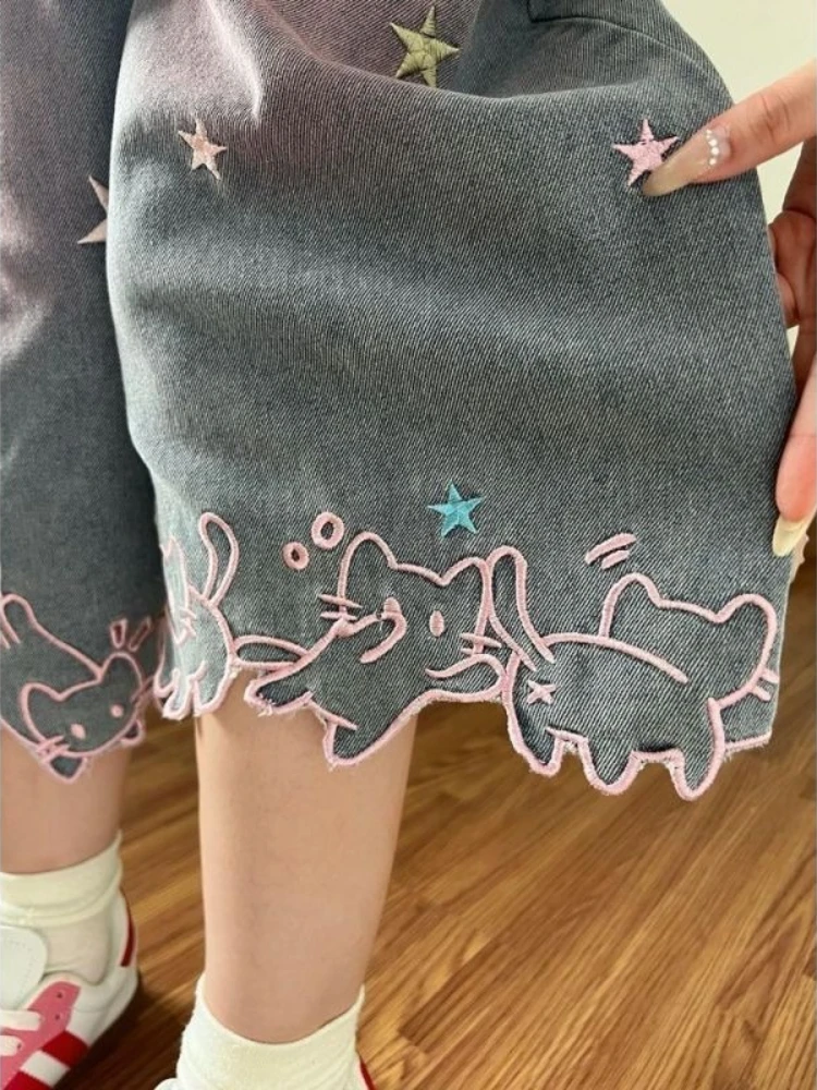 Neploe Embroidery American Vintage Cat Shorts Denim High Street Loose Slim Femme Pantalones Streetwear Personalized Wid Leg Pant