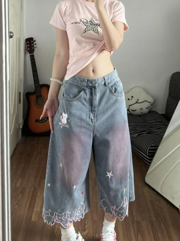 Neploe Embroidery American Vintage Cat Shorts Denim High Street Loose Slim Femme Pantalones Streetwear Personalized Wid Leg Pant