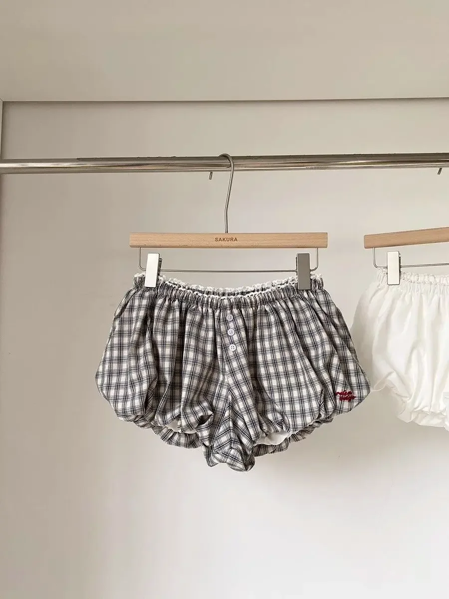Womens Plaid Bubble Shorts Elastic Waist Bloomer Shorts Casual Short Pants Summer Streetwear