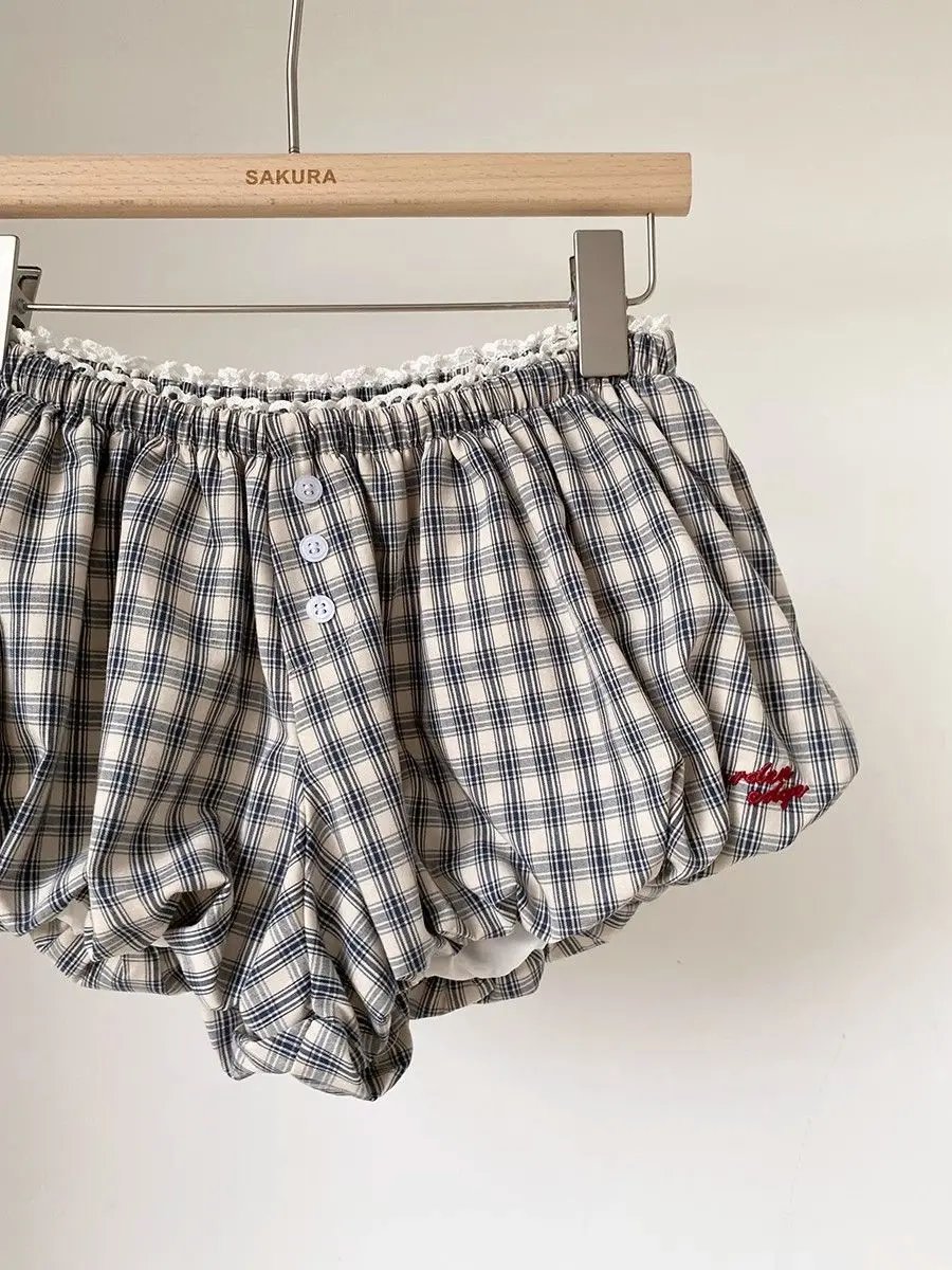 Womens Plaid Bubble Shorts Elastic Waist Bloomer Shorts Casual Short Pants Summer Streetwear