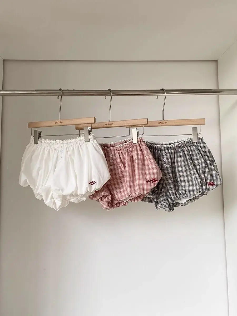Womens Plaid Bubble Shorts Elastic Waist Bloomer Shorts Casual Short Pants Summer Streetwear