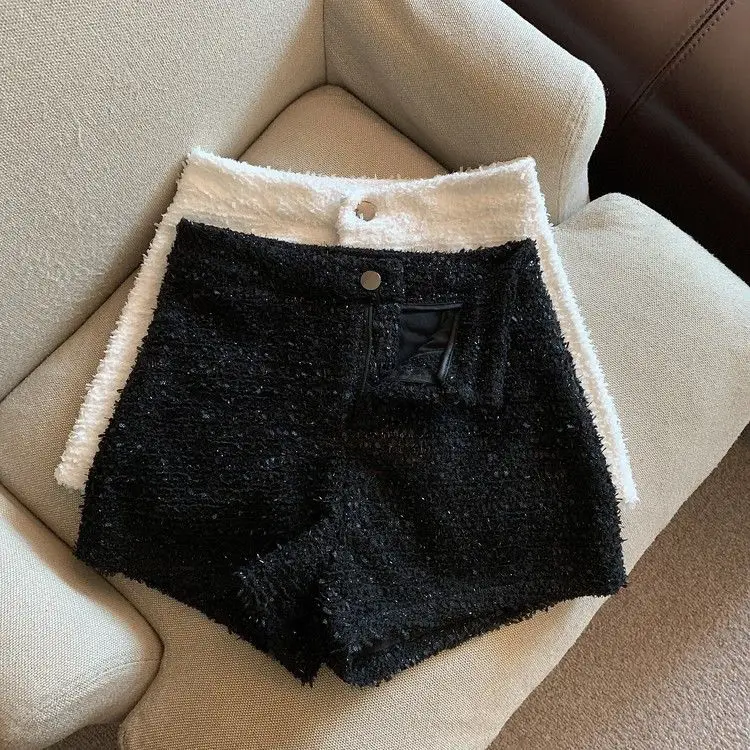 Autumn Winter Women's Tweed Shorts Autumn Winter 2026 High Waist Fashion Wide Leg Short Pants Woman Sexy Slim Fit Solid Short