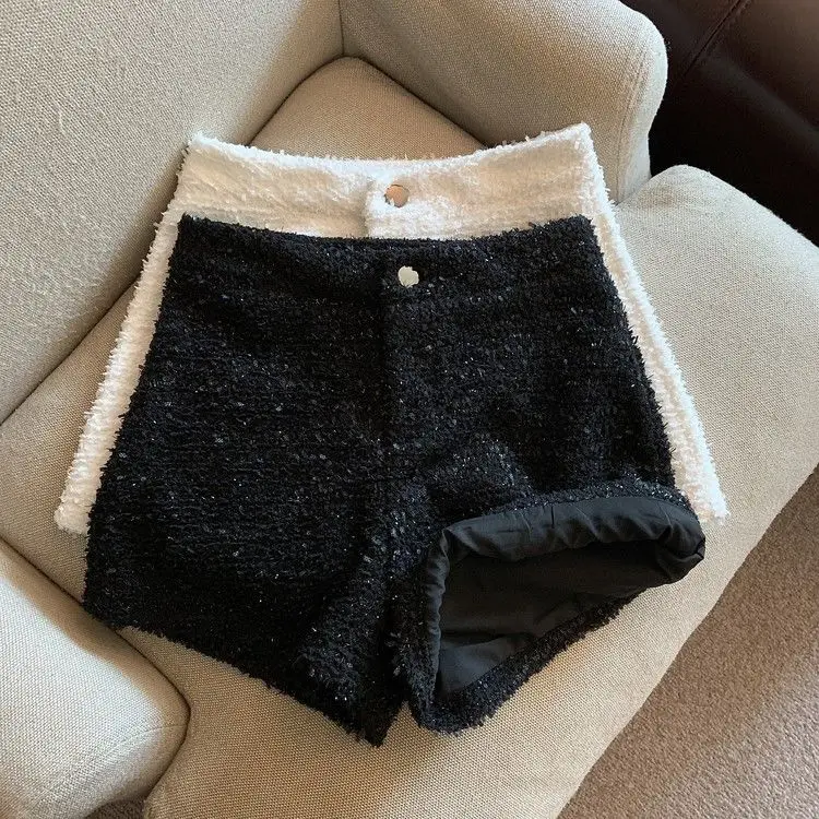 Autumn Winter Women's Tweed Shorts Autumn Winter 2026 High Waist Fashion Wide Leg Short Pants Woman Sexy Slim Fit Solid Short