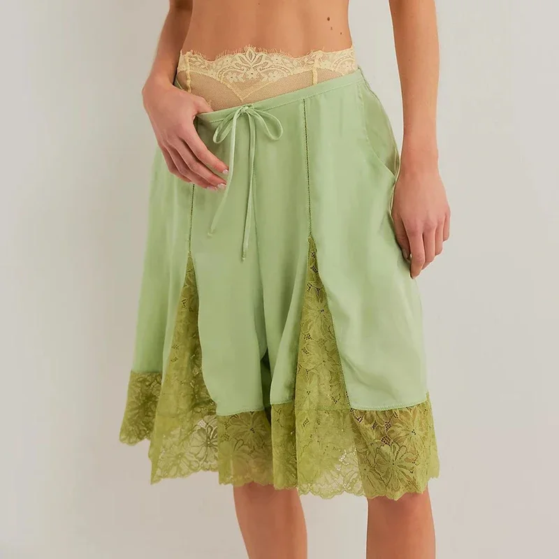 Vintage Streetwear Shorts Harajuku Spring Casual High Waist Lace-up Women's Shorts Fashion Solid Color Patchwork Lace Half Pants