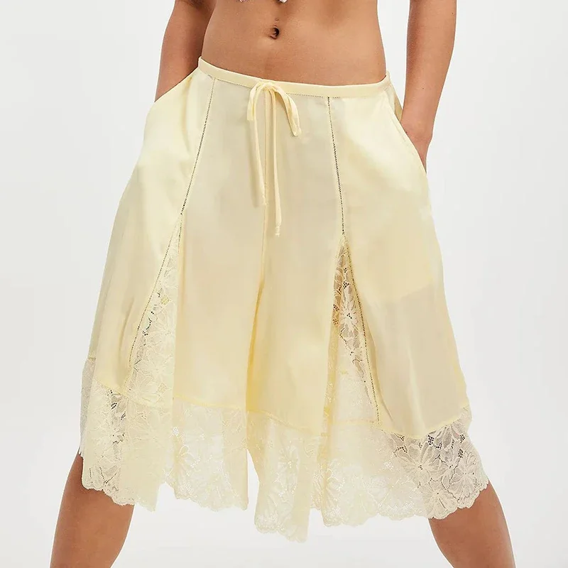 Vintage Streetwear Shorts Harajuku Spring Casual High Waist Lace-up Women's Shorts Fashion Solid Color Patchwork Lace Half Pants