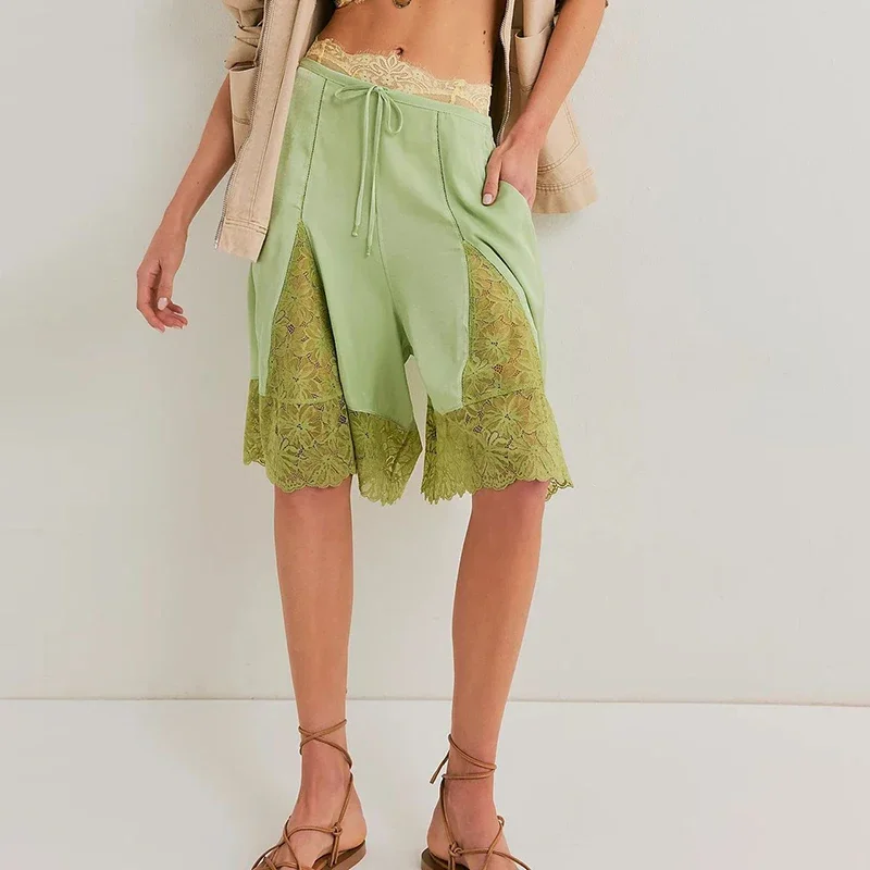 Vintage Streetwear Shorts Harajuku Spring Casual High Waist Lace-up Women's Shorts Fashion Solid Color Patchwork Lace Half Pants